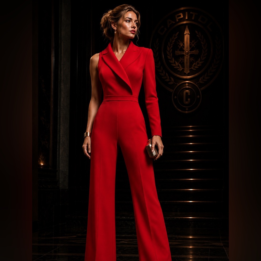 Jovani Red Sculptural One Sleeve Jumpsuit Size 0 Couture Eveningwear